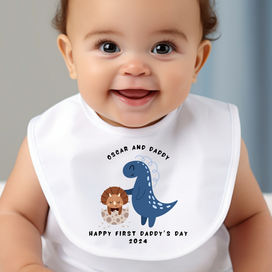 Personalised Happy First Fathers Day Blue Dinosaur Baby Grow