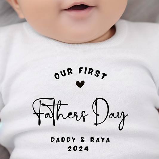 Personalised Black and White Our First Fathers Day Baby Grow