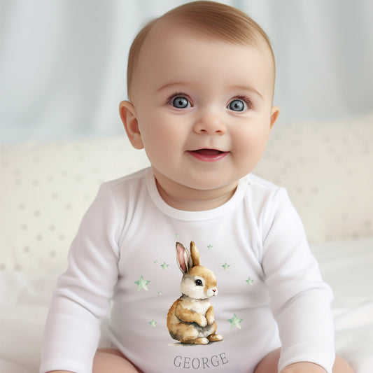 Personalised Bunny Baby Grow Green Stars
