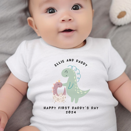 Personalised Happy First Fathers Day Pink Dinosaur Baby Grow