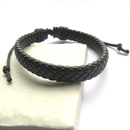 Men's Black Faux Leather Weave Bracelet