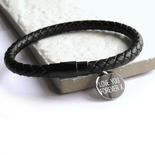 Personalised Men's Black Leather Rope Bracelet