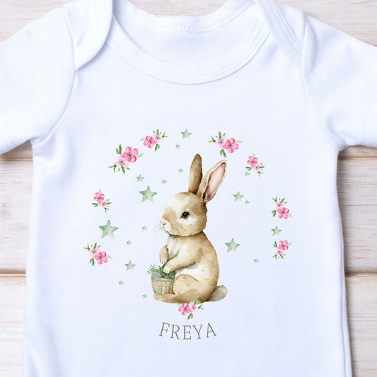 Personalised New Baby Girls Bunny Baby Grow