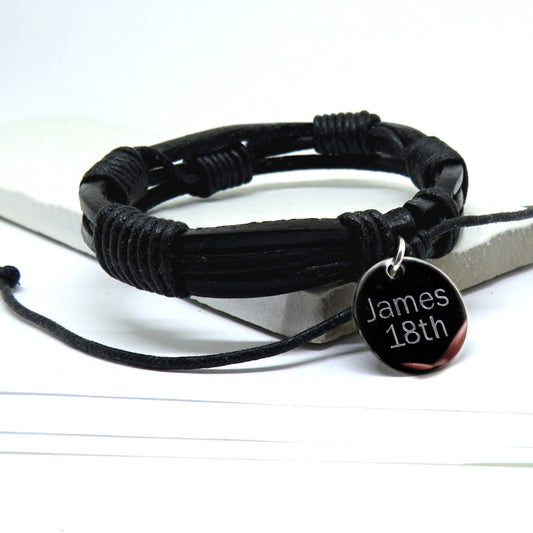 Personalised Men's Black Leather Cord Bracelet