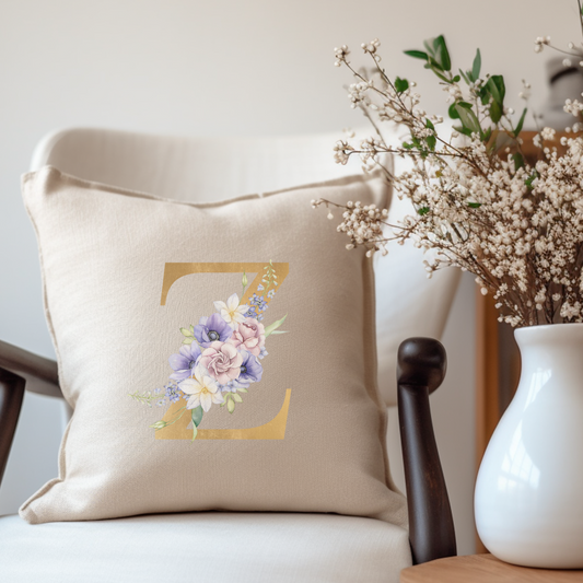 Personalised Purple Floral Initial Cushion