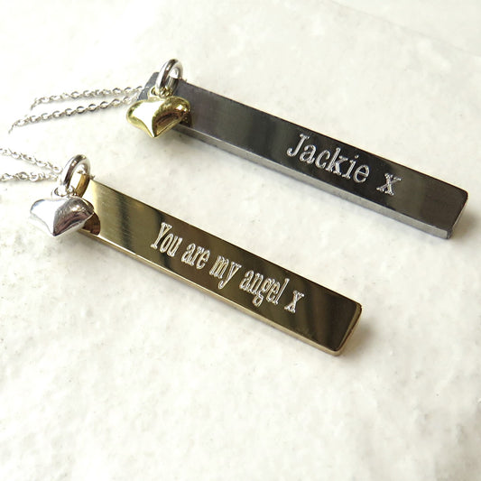 Personalised Thin Bar Necklace &  Mini Heart Charm