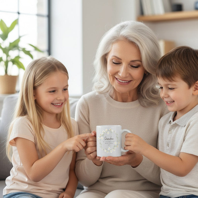 AyeDoGifts white ceramic mug with a daisy wreath design and personalised text for Grandma. 11oz.