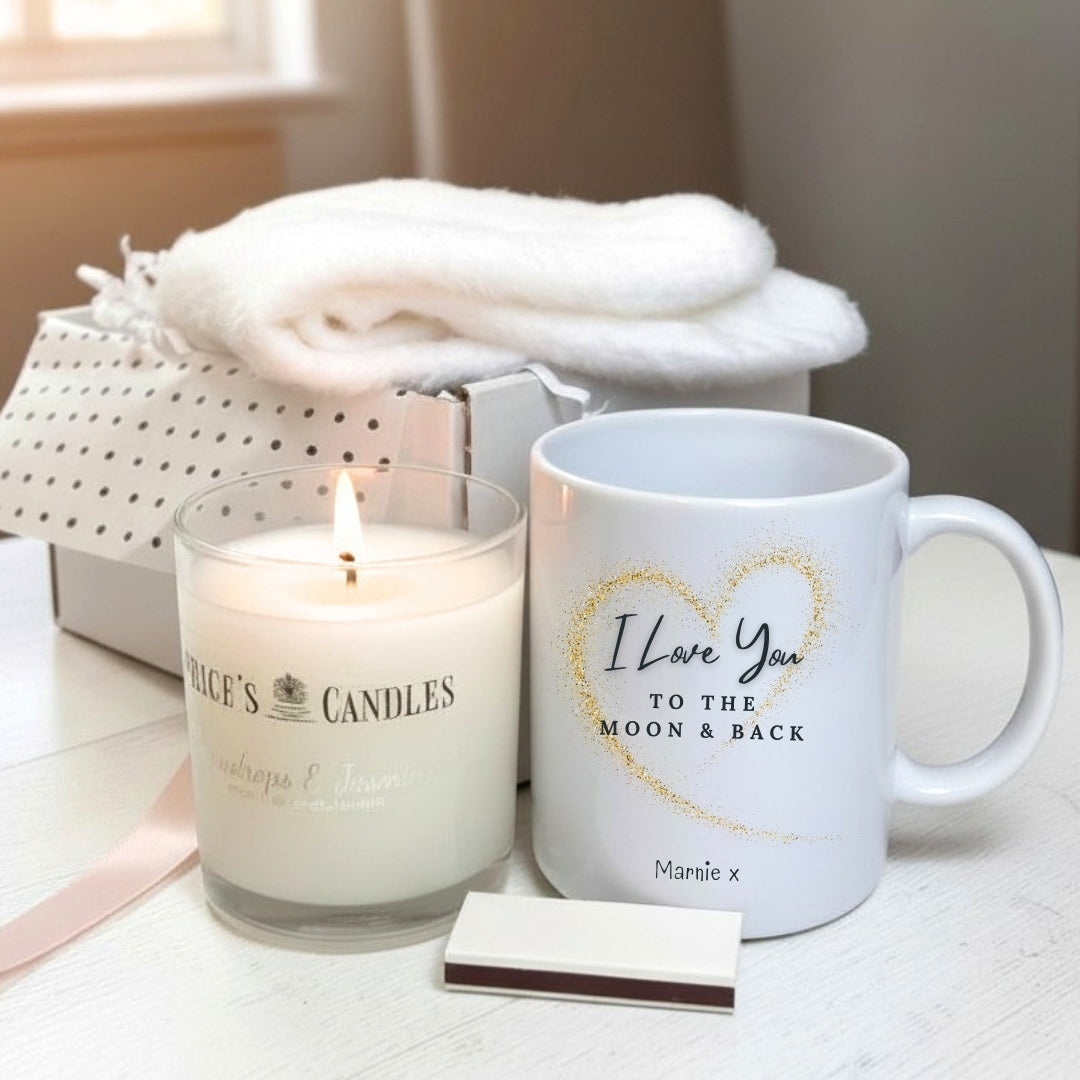 Personalised Love You to the Moon & Back Mug, Candle & Socks Gift Hamper | Anniversary Gift