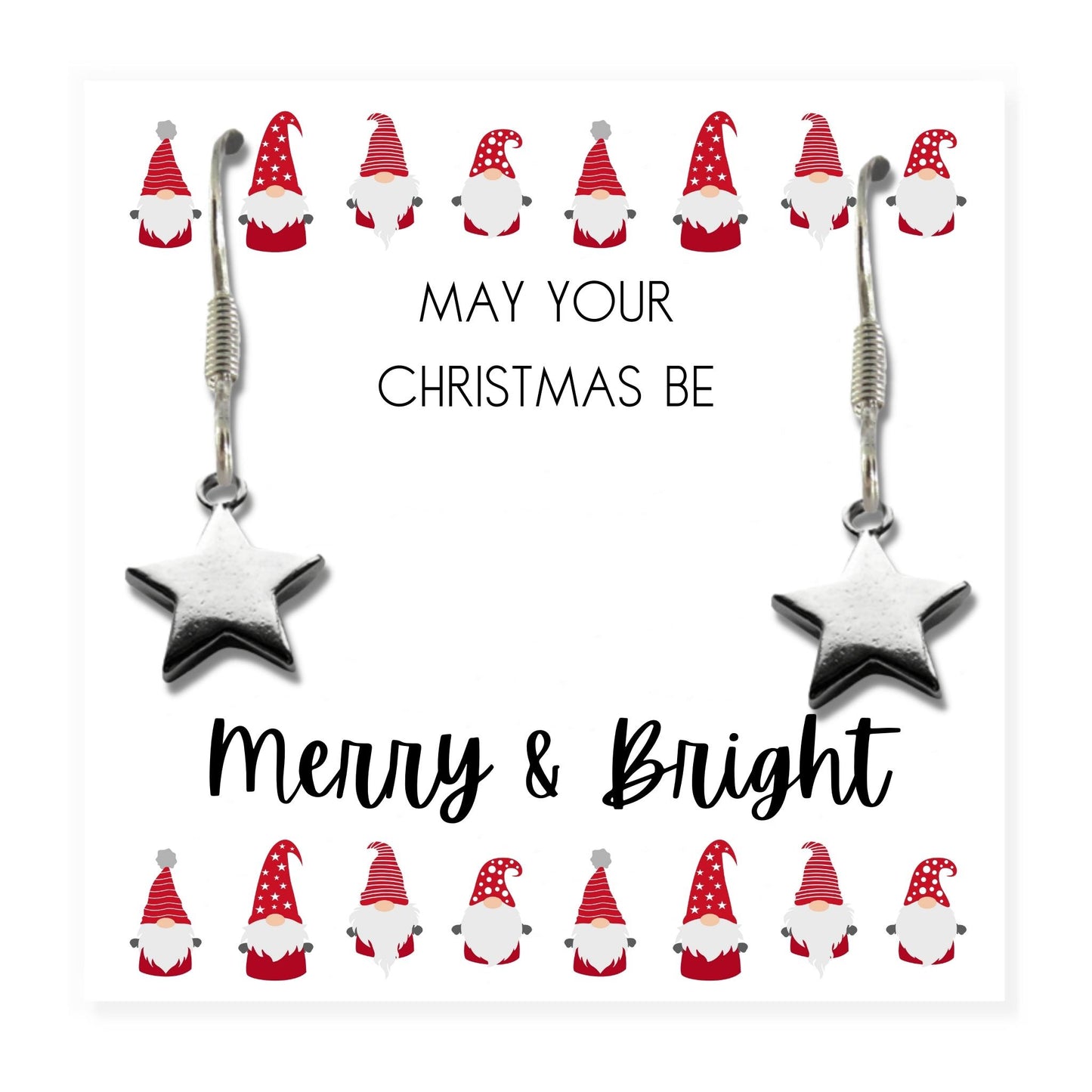 Merry & Bright Christmas Gift Hamper - Silver Star Drop Earrings & Jewellery Box Women & Girls UK