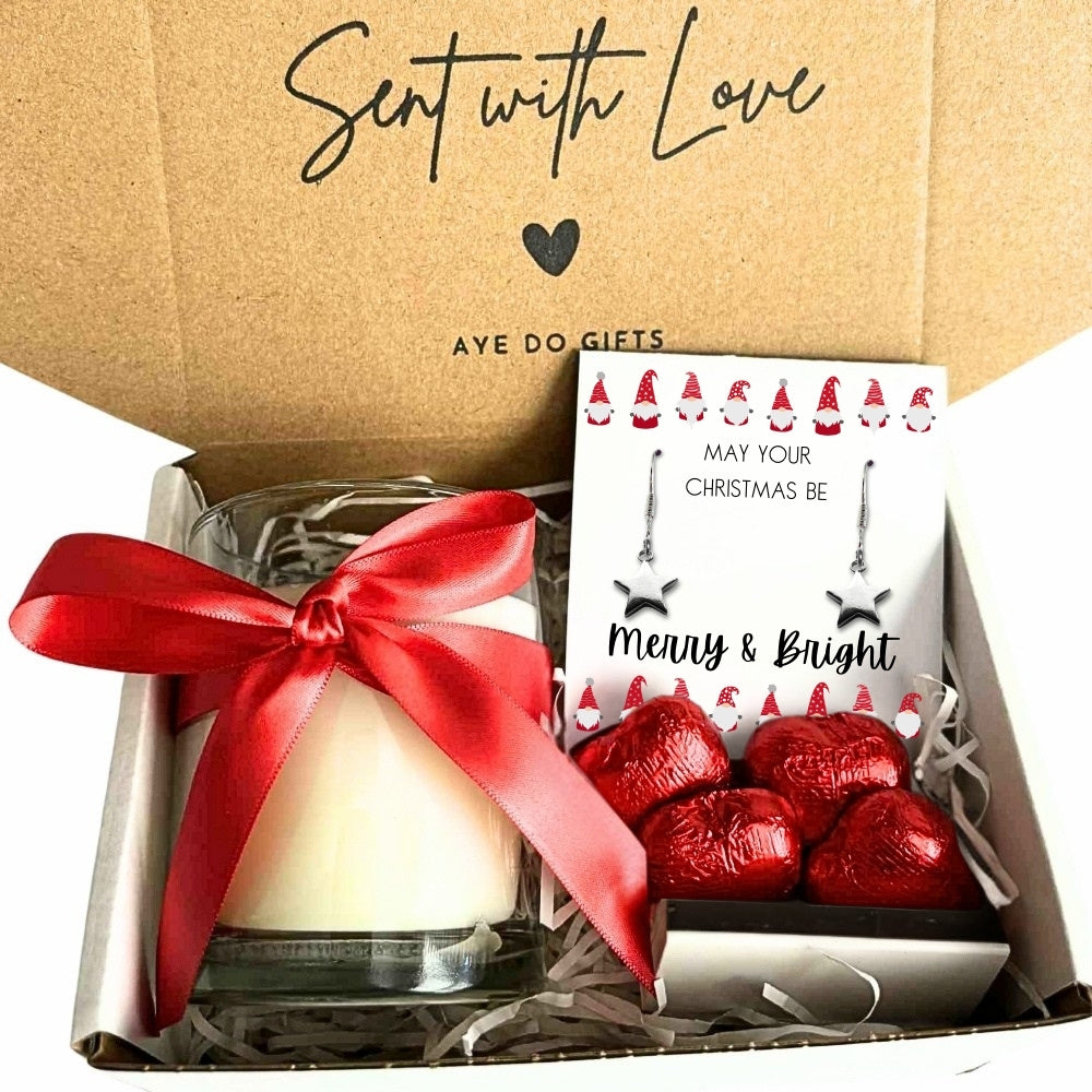 Small Merry & Bright Christmas Gift Hamper Earrings, Chocolates & Candle
