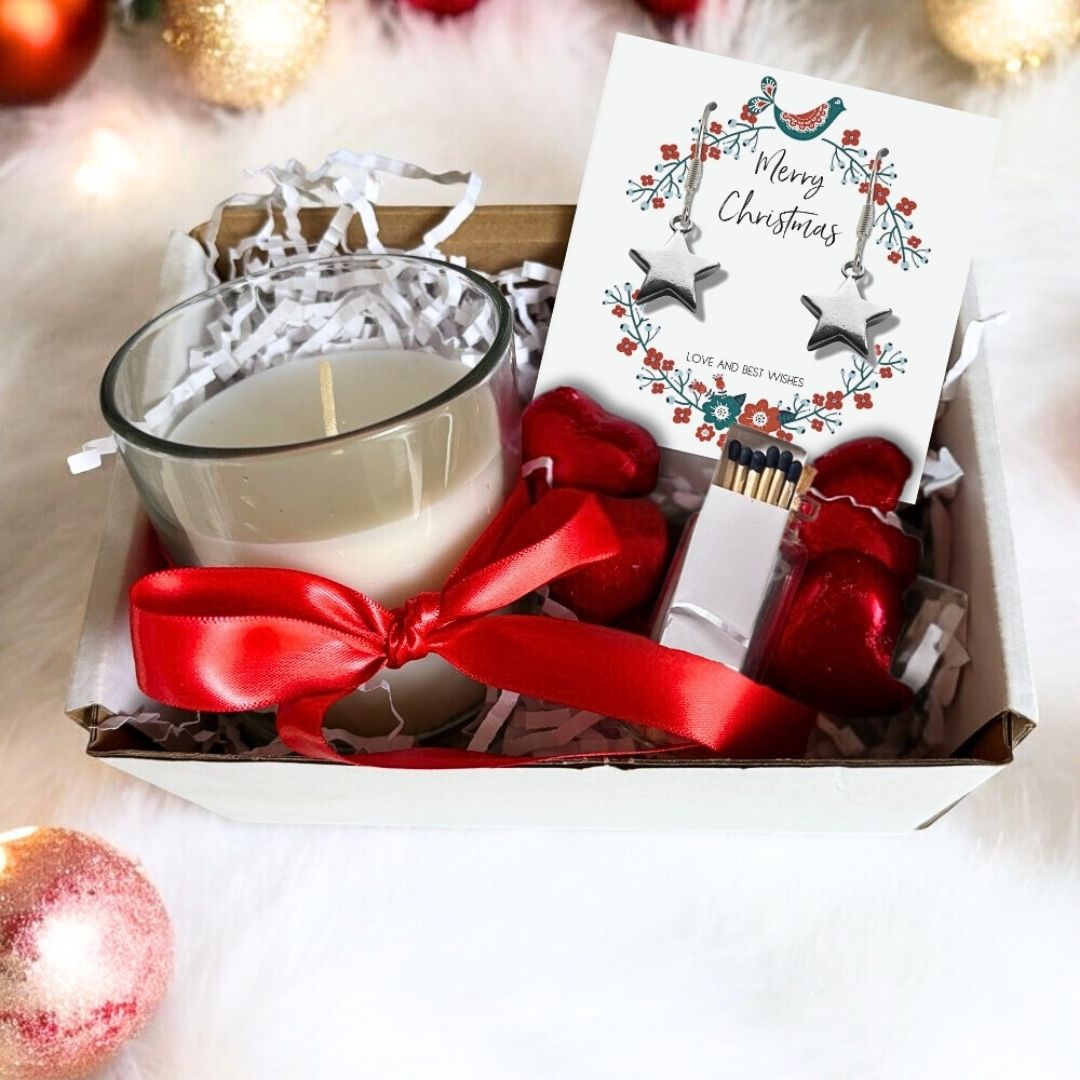 Small Merry Christmas Star Gift Hamper | Earrings, Chocolates & Candle