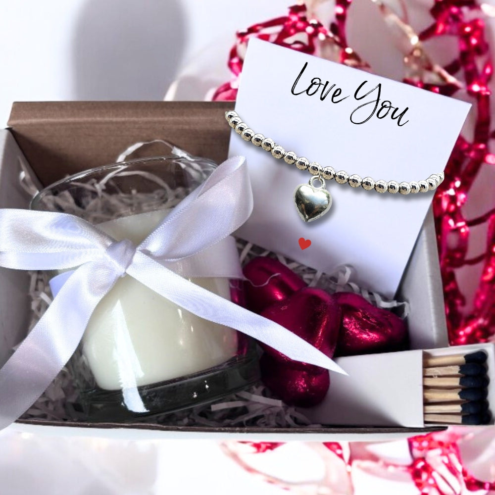 Small Love You Gift Hamper | Candle, Silver Heart Bracelet, Chocolate
