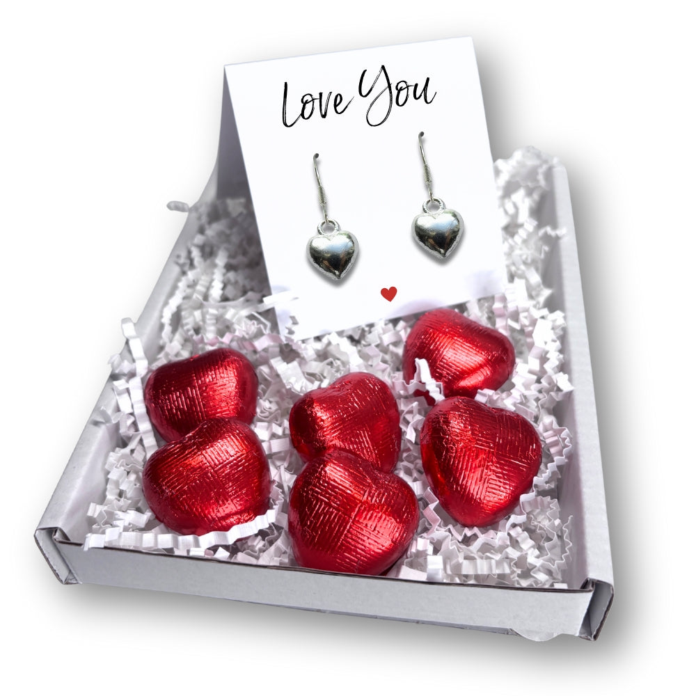 Silver Heart Drop Earrings & Love You Mini Gift Hamper