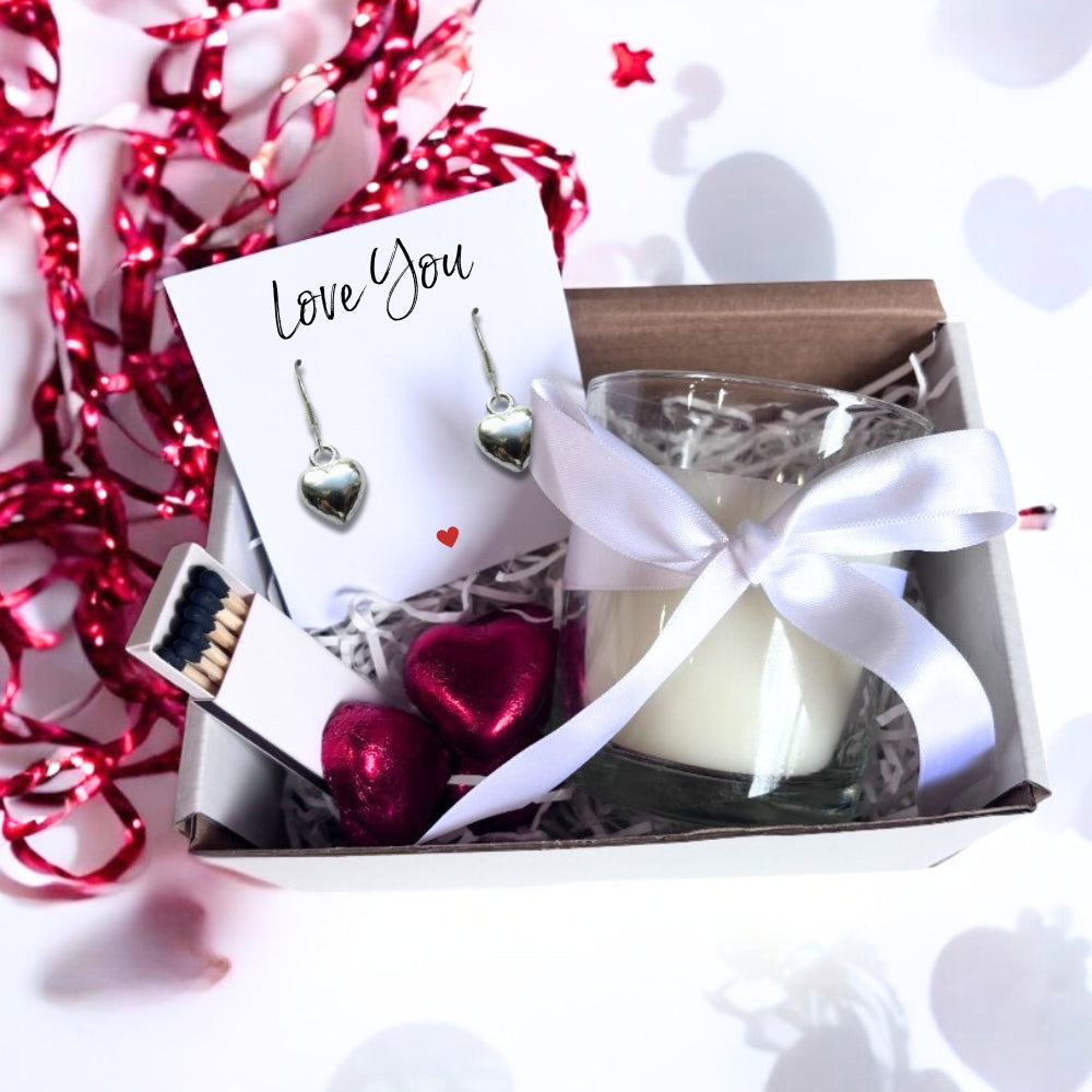 Small Love You Gift Hamper | Candle, Silver Heart Earrings, Chocolates