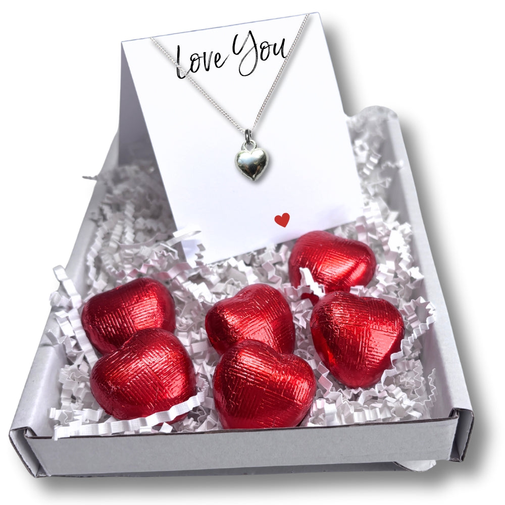 Puff Heart Silver Necklace & Love You Mini Gift Hamper