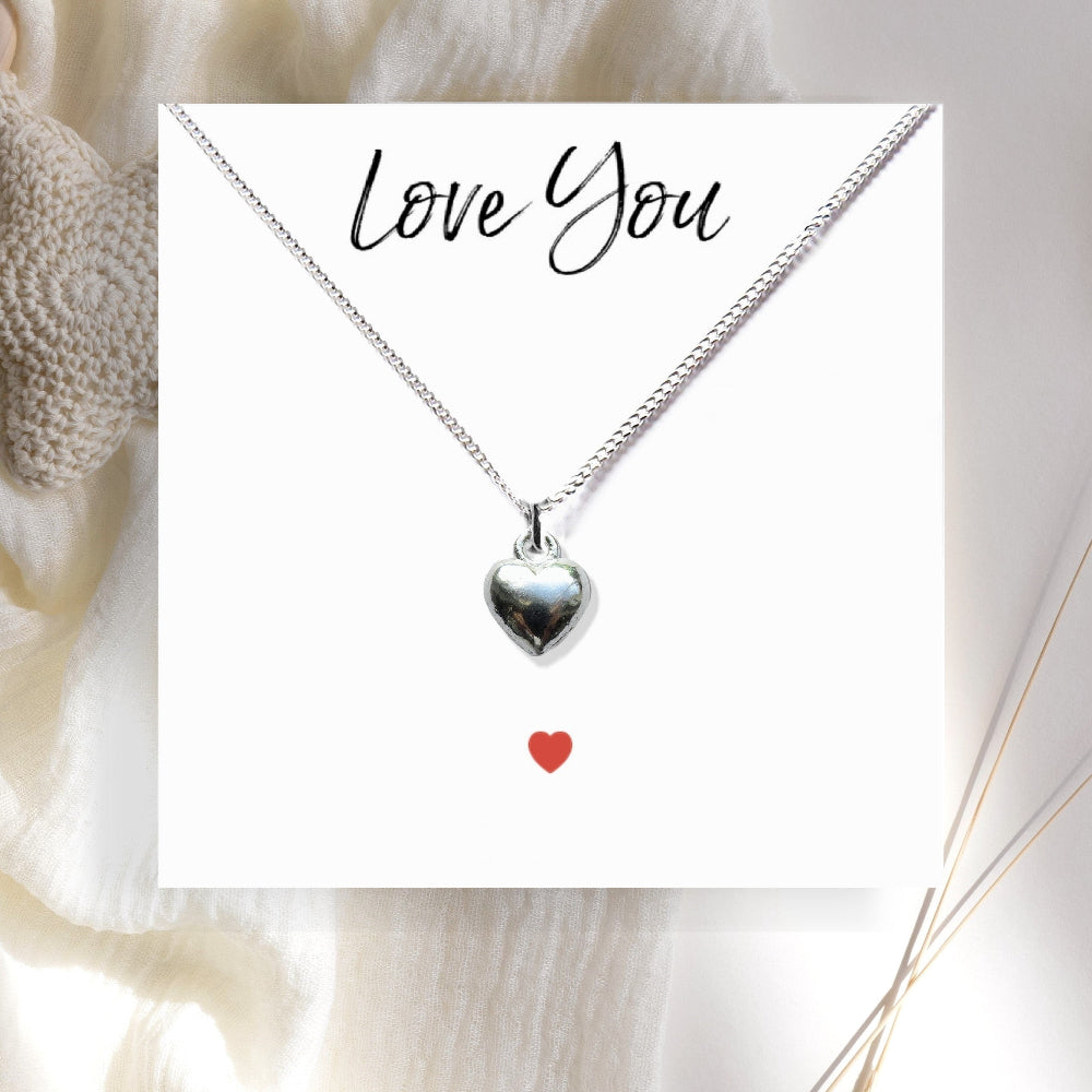 Puff Heart Silver Necklace & Love You Mini Gift Hamper