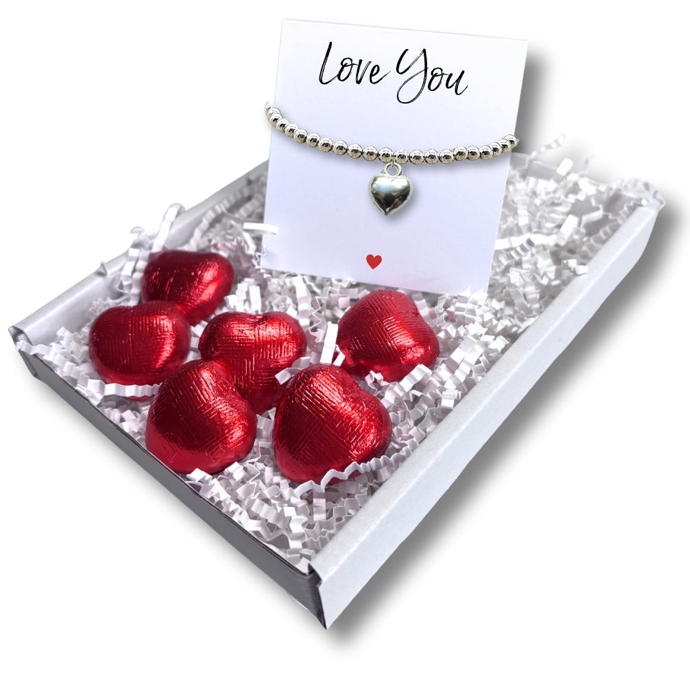 Puff Heart Silver Beaded Bracelet & Love You Mini Gift Hamper