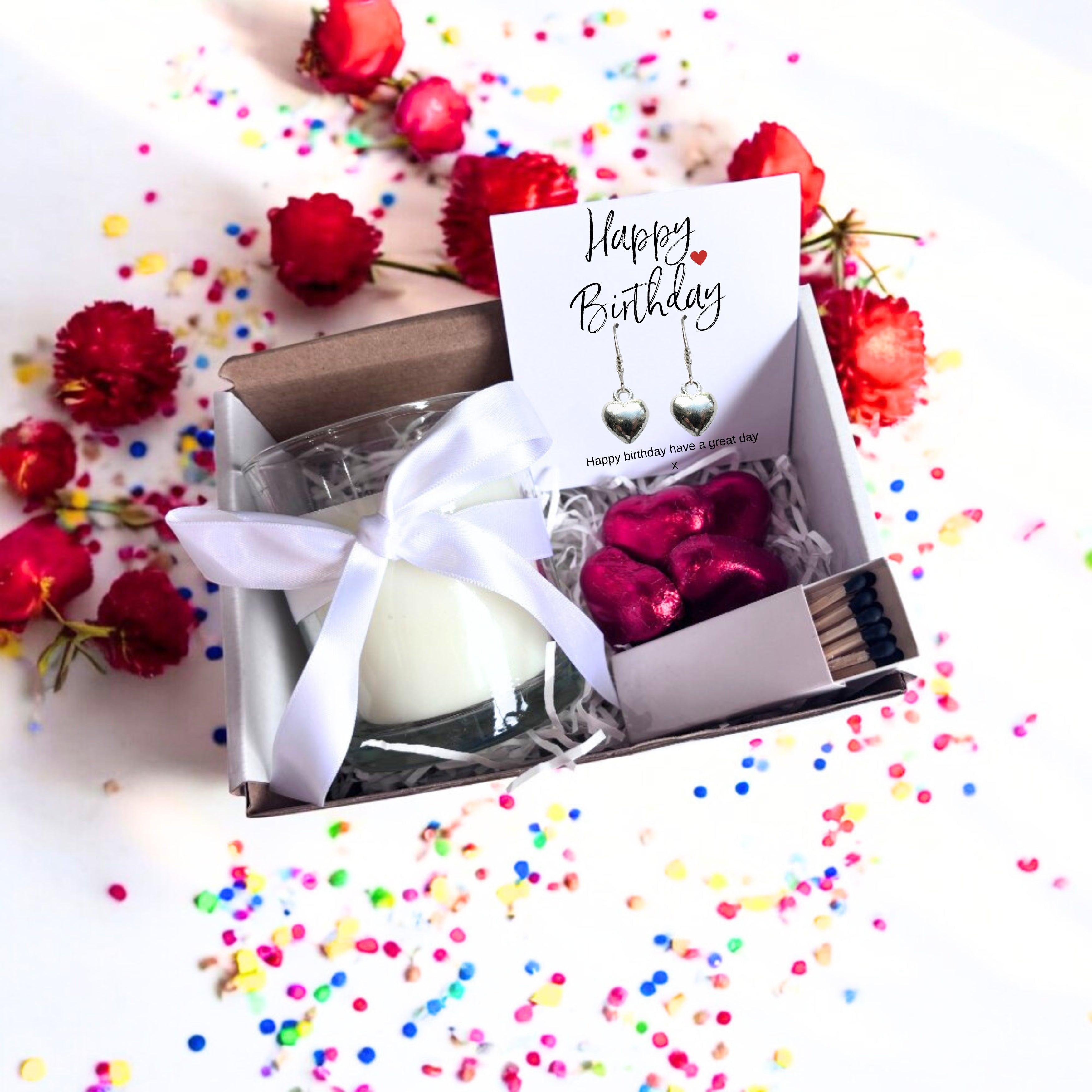 Small Happy Birthday Gift Hamper | Heart Earrings, Chocolates & Candle