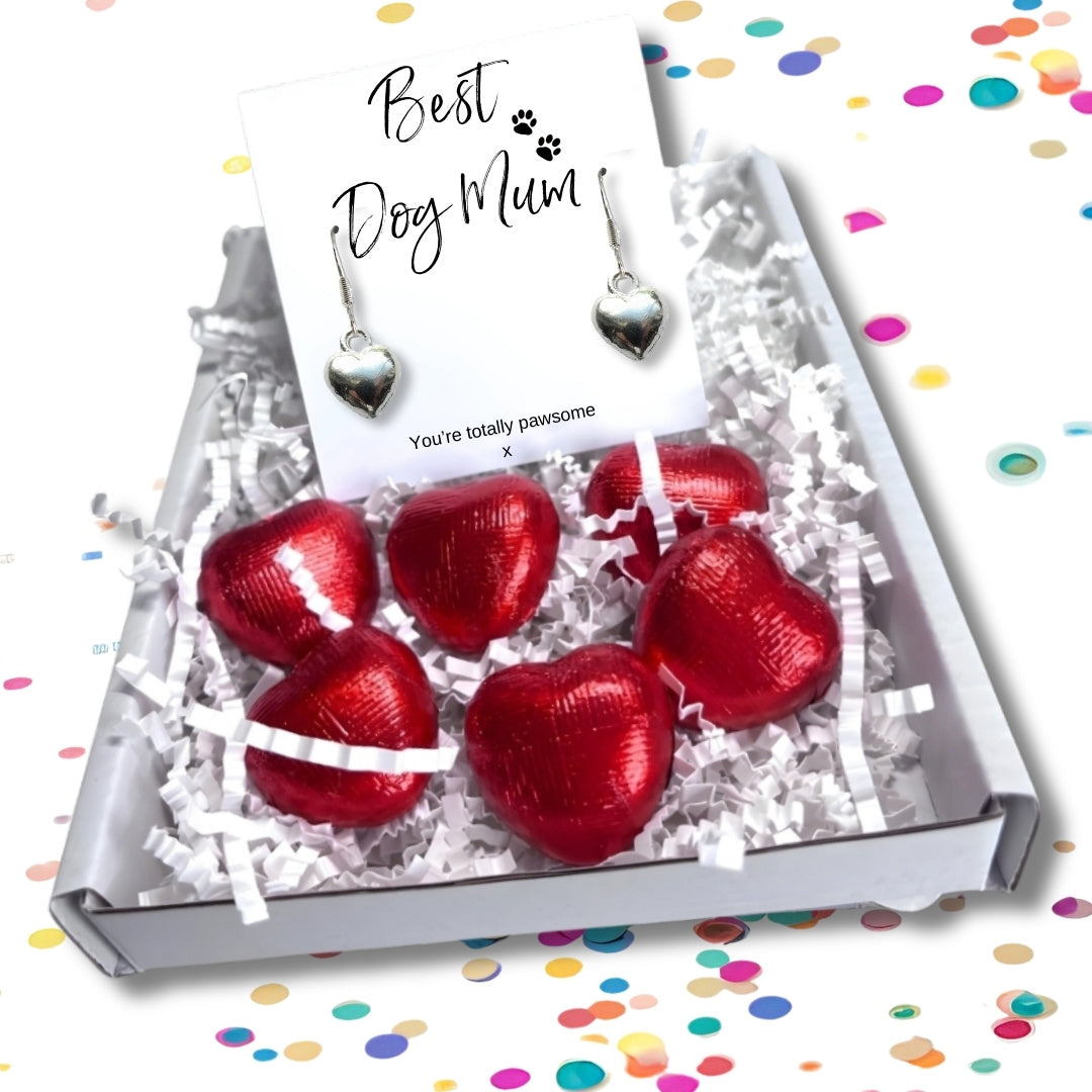 Best Dog Mum Mini Gift Hamper Silver Heart Earrings