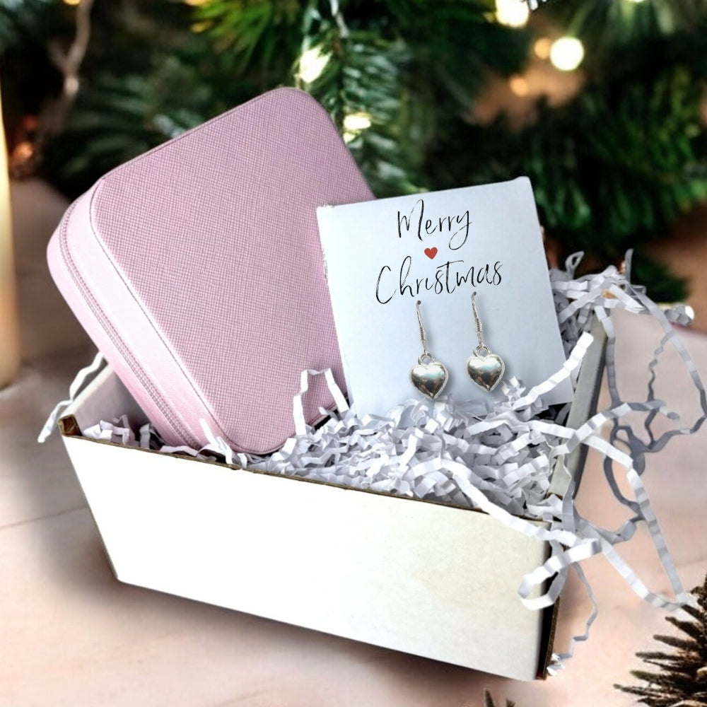 Merry Christmas Gift Hamper Silver Heart Drop Earrings & Jewellery Box