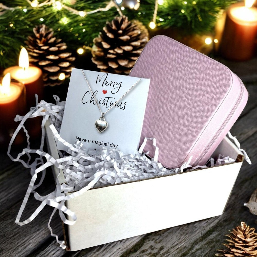 Merry Christmas Gift Hamper | Silver Heart Necklace & Jewellery Box Gift