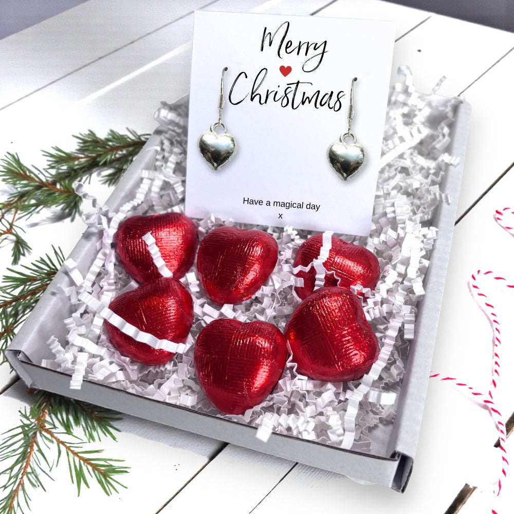 Merry Christmas Mini Gift Hamper with Silver Heart Earrings