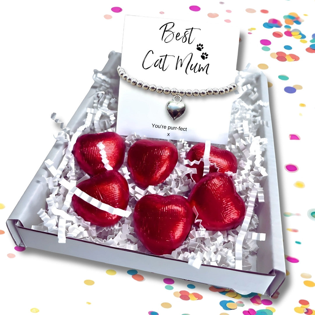 Best Cat Mum Mini Gift Hamper Silver Heart Bracelet