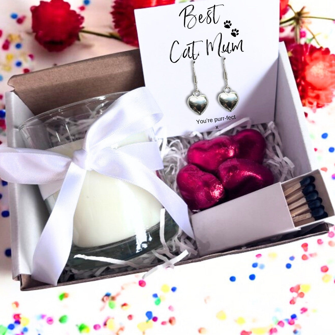 Small Best Cat Mum Gift Hamper Heart Earrings Chocolates & Candle