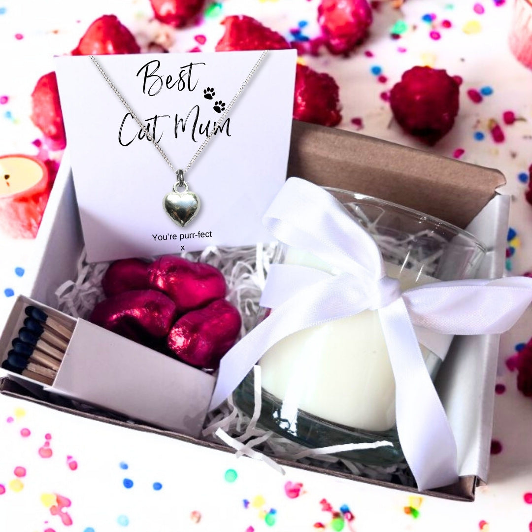 Small Best Cat Mum Gift Hamper Necklace Chocs & Candle