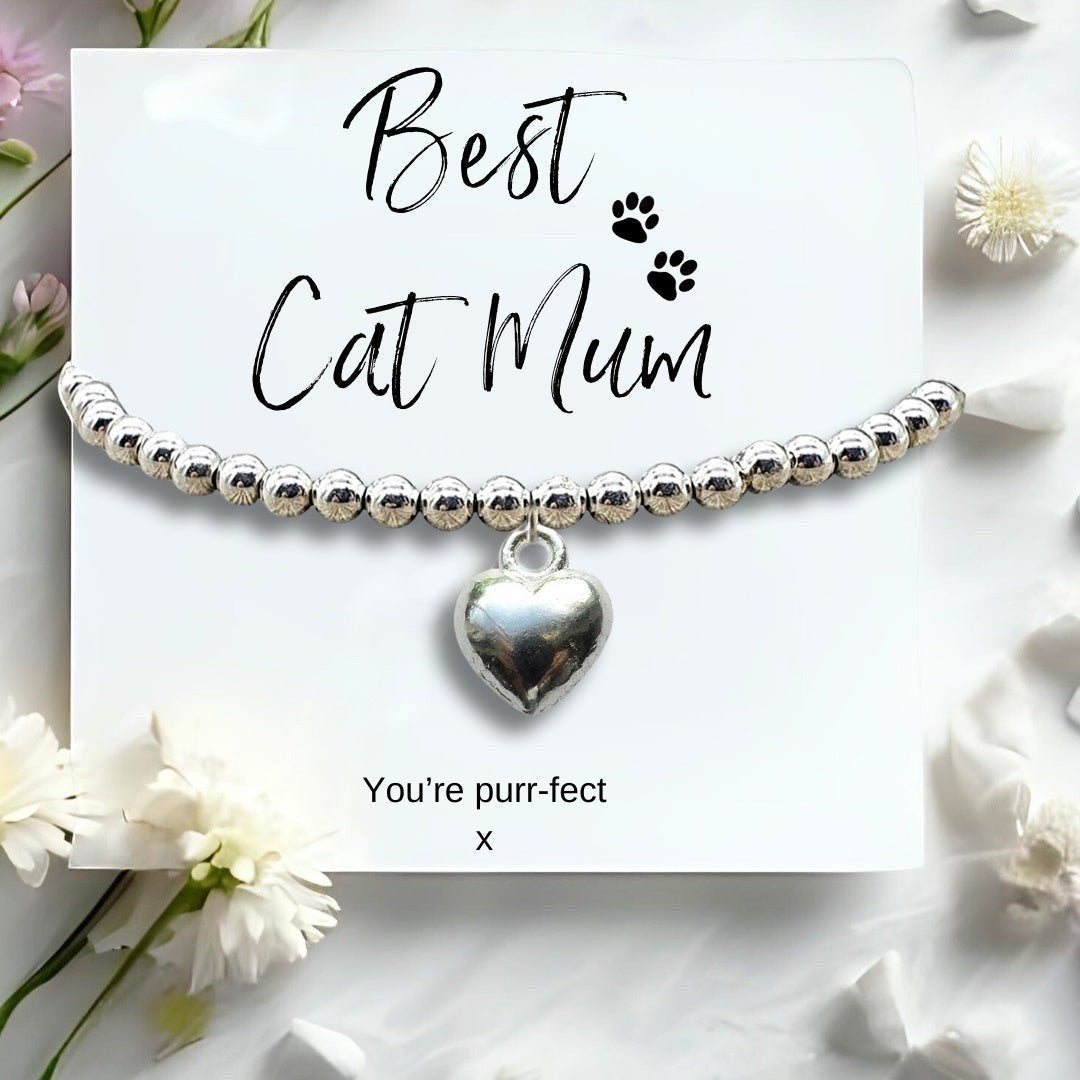 Best Cat Mum Mini Gift Hamper with Silver Heart Bracelet