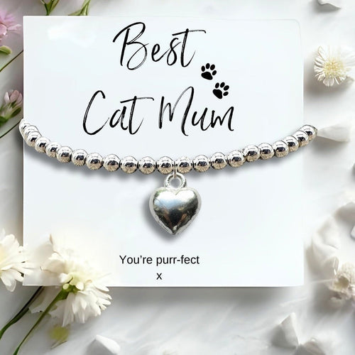 Best Cat Mum Mini Gift Hamper with Silver Heart Bracelet