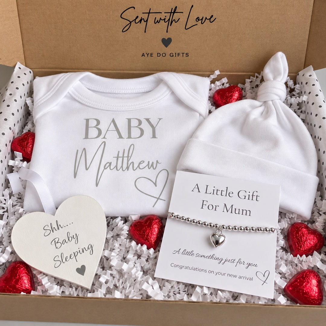 Personalised Surname Heart Baby Gift Hamper - Vest, Hat, Bracelet, Wooden Sign & Chocolates