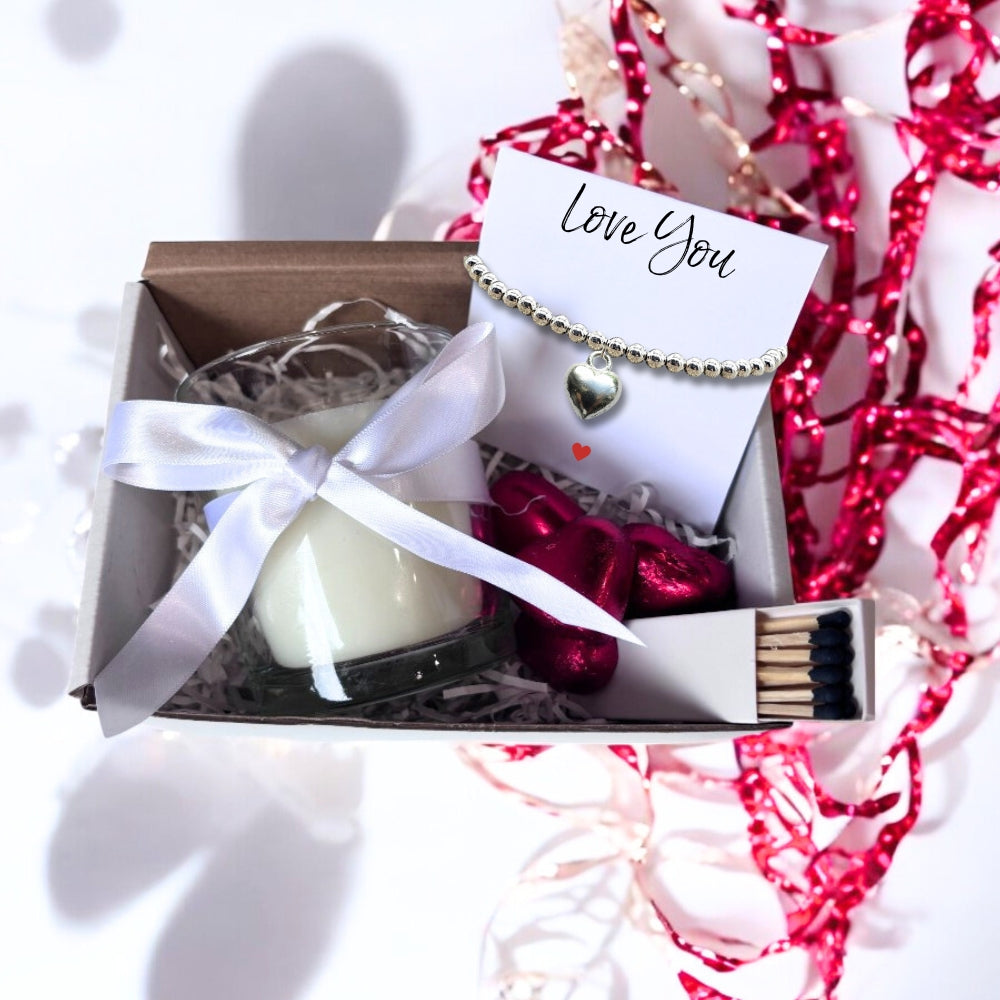 Small Love You Gift Hamper | Candle, Silver Heart Bracelet, Chocolate