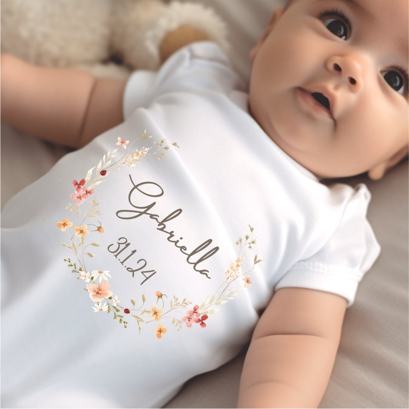 Personalised Simple Floral Baby Outfit: Bib, Vest, Baby Grow