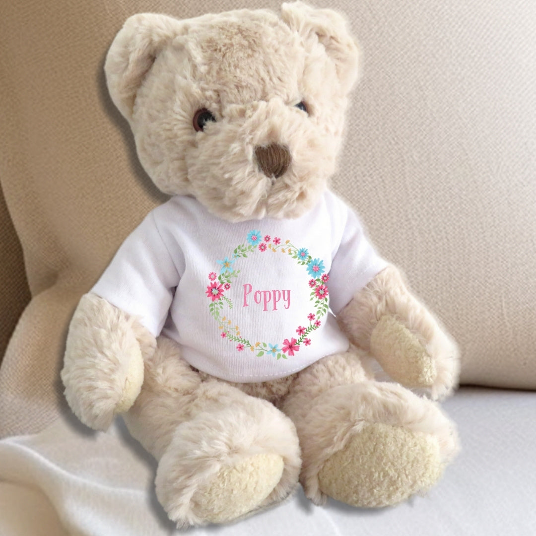 Personalised Luxury Teddy Bear with Pink Floral T-Shirt