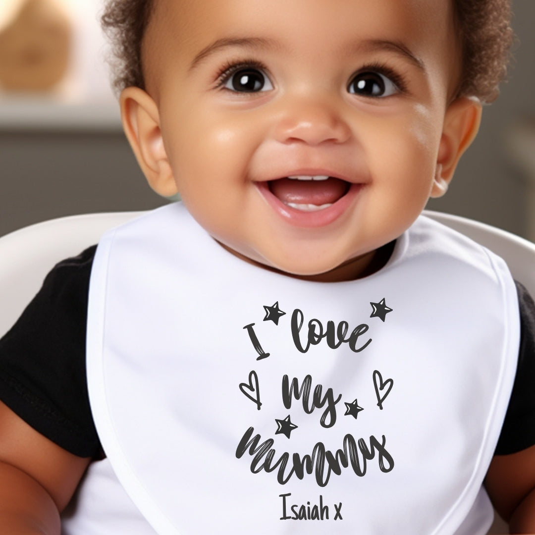 Personalised Black & White I Love My Mummy, Nana, Aunty Baby Outfit: Bib, Vest, Baby Grow