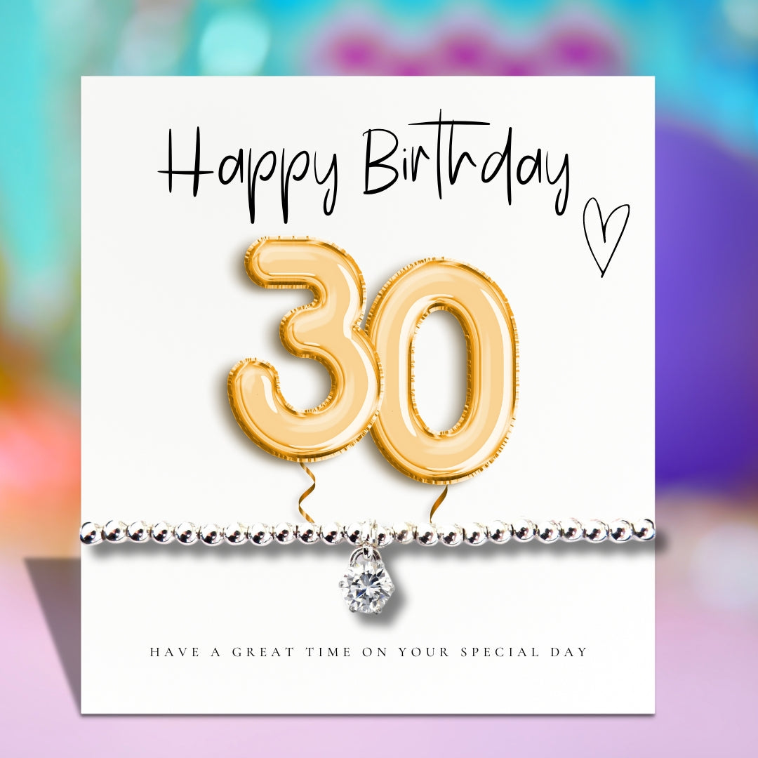 30th Birthday Cubic Zirconia Silver Bracelet & Gold Balloons Card