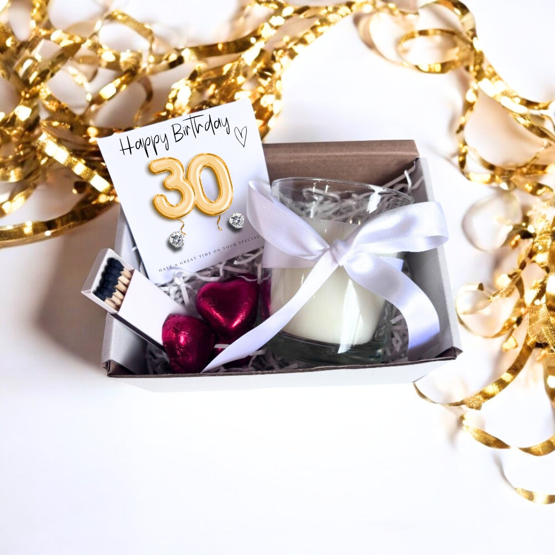 Small 30th Birthday Gold Balloon Hamper | Earrings, Chocolate & Candle