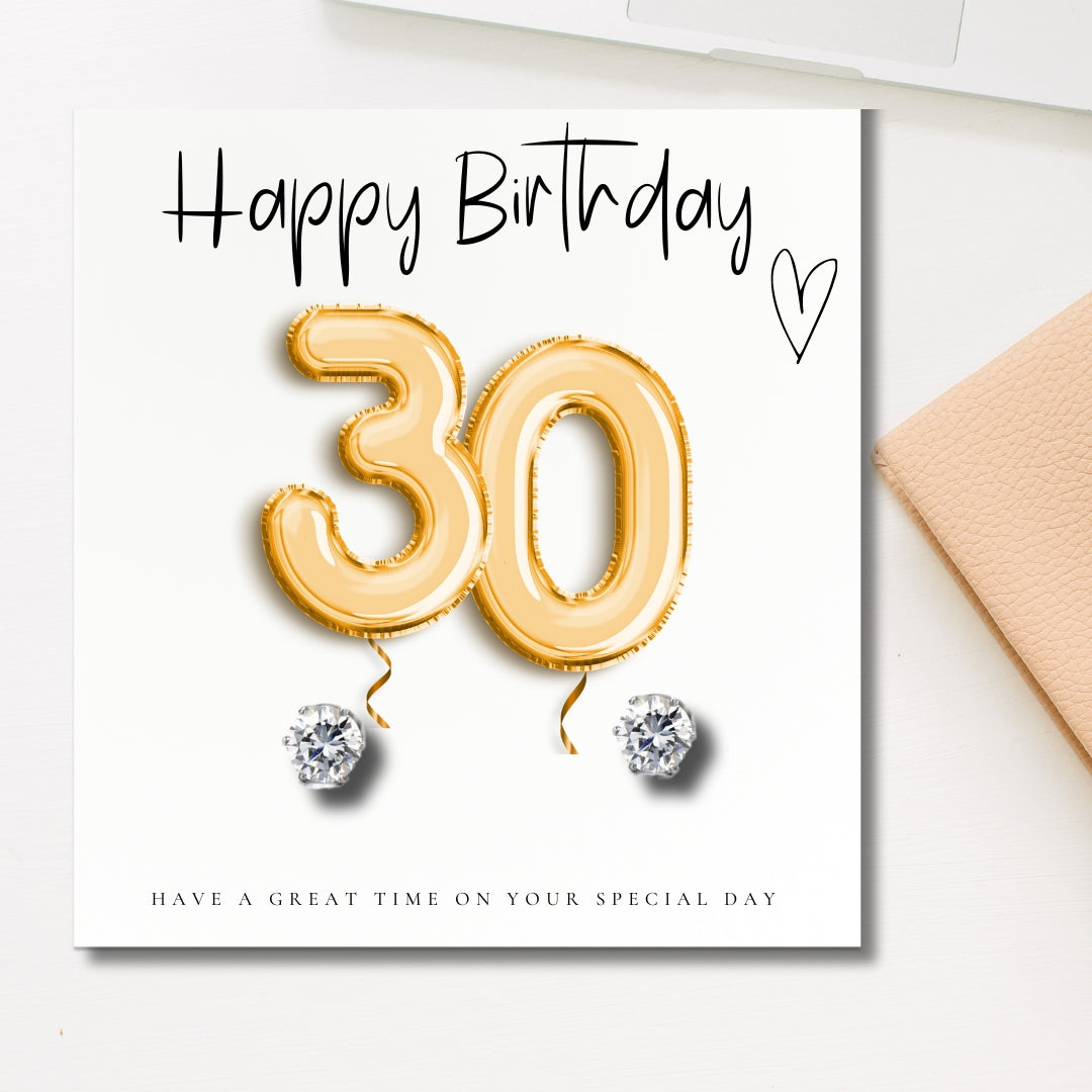 30th Birthday Cubic Zirconia Silver Earrings & Gold Balloons Gift Card