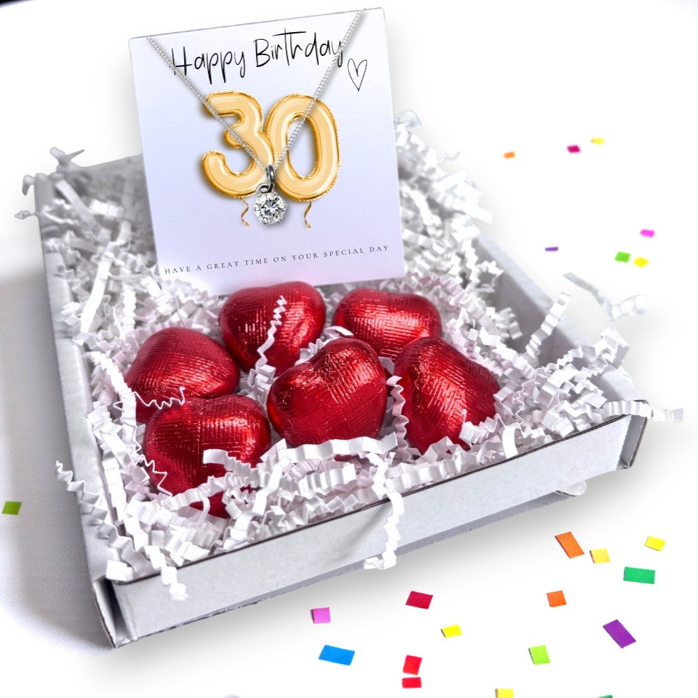 30th Birthday Cubic Zirconia Silver Necklace & Gold Balloons Mini Gift Hamper