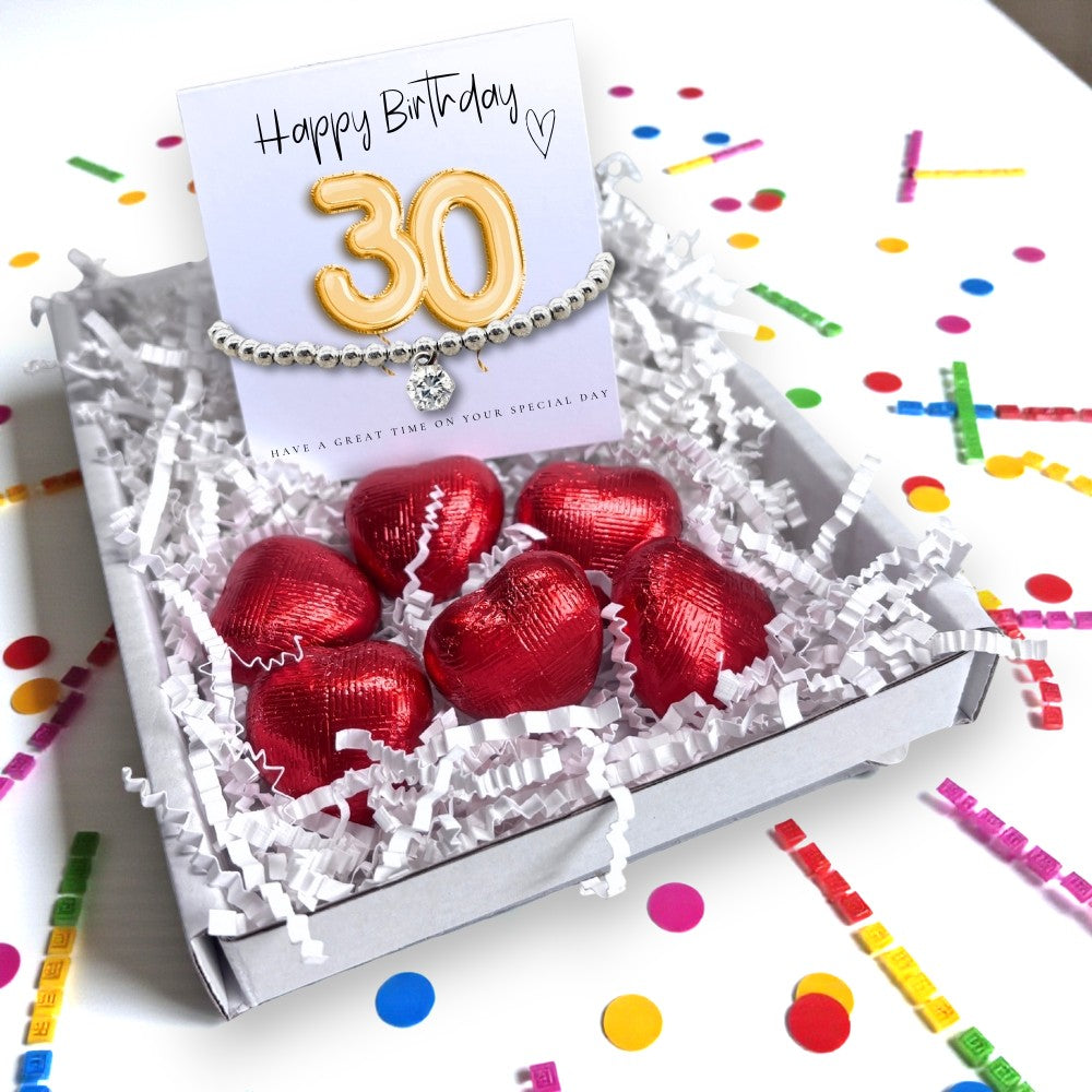 30th Birthday Cubic Zirconia Silver Bracelet & Gold Balloon Hamper