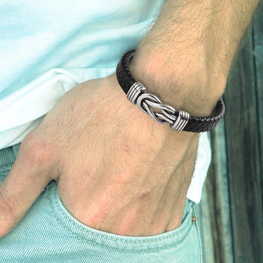 Men's Black Leather Infinity Bracelet