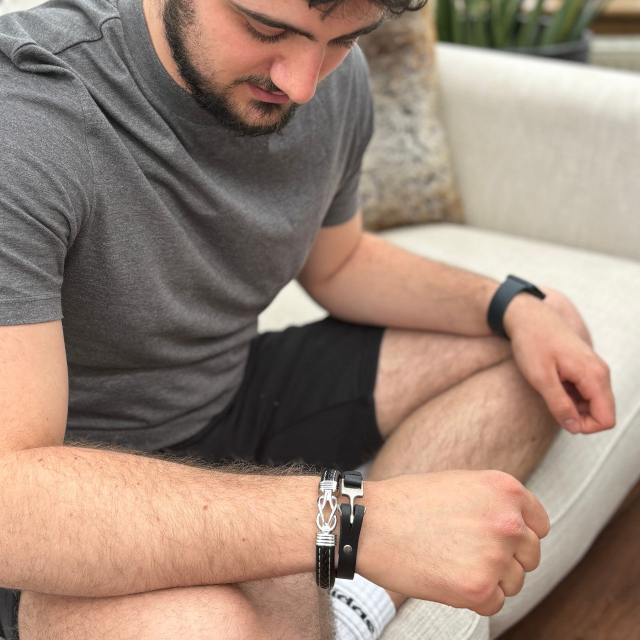 Men's Black Leather Anchor Bracelet