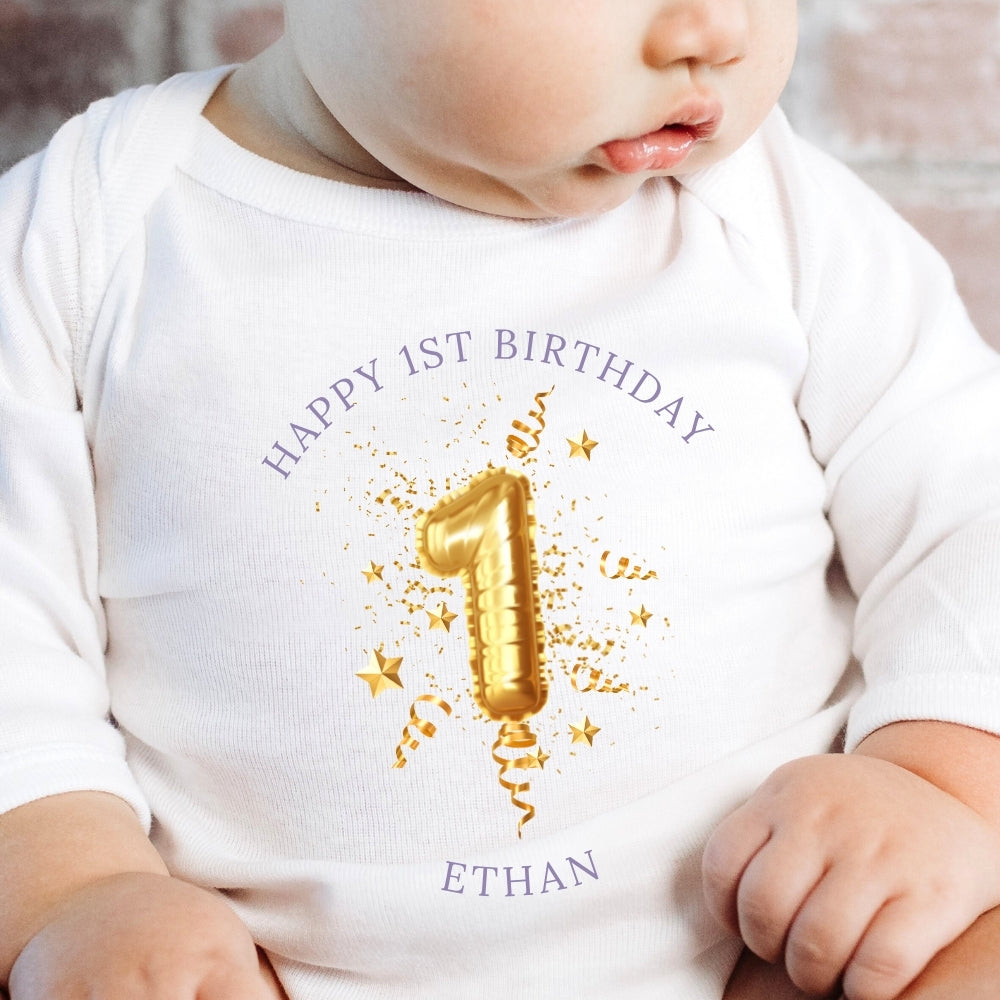 Personalised 1st Birthday Gold Balloon Baby Outfit: Bib, Vest, Baby Grow