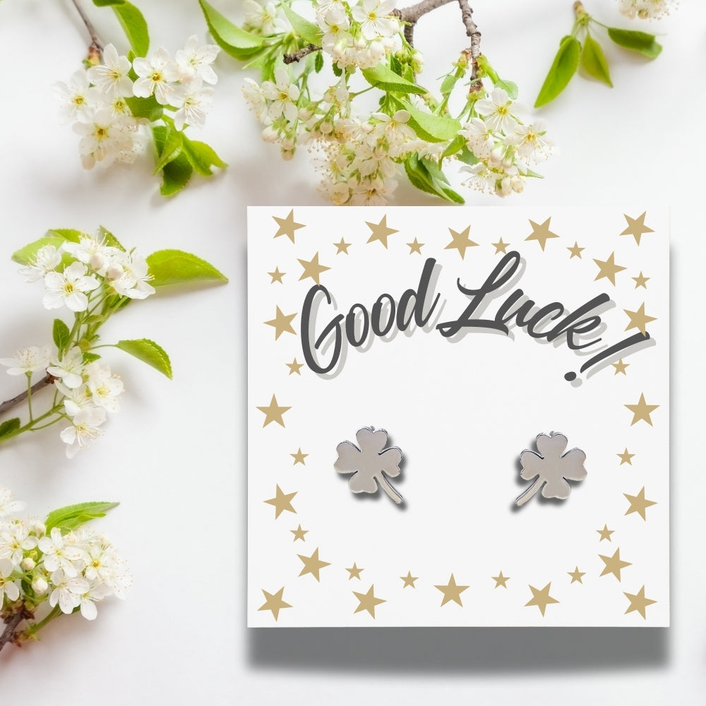 Good Luck Gift Card & Four Leaf Clover Stud Earrings