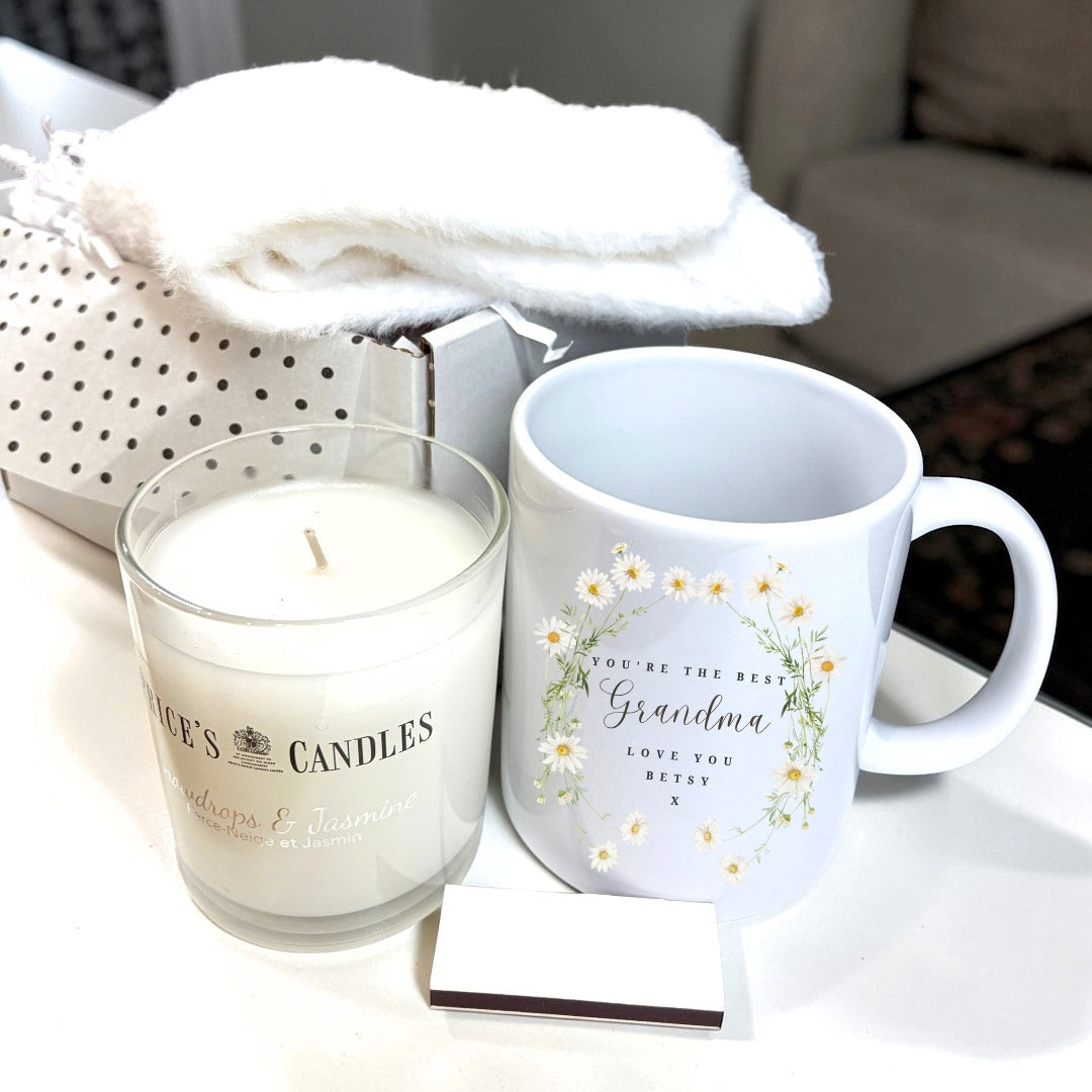 Personalised Daisy Flower Mug, Candle & Socks Gift Hamper | Birthday Gift