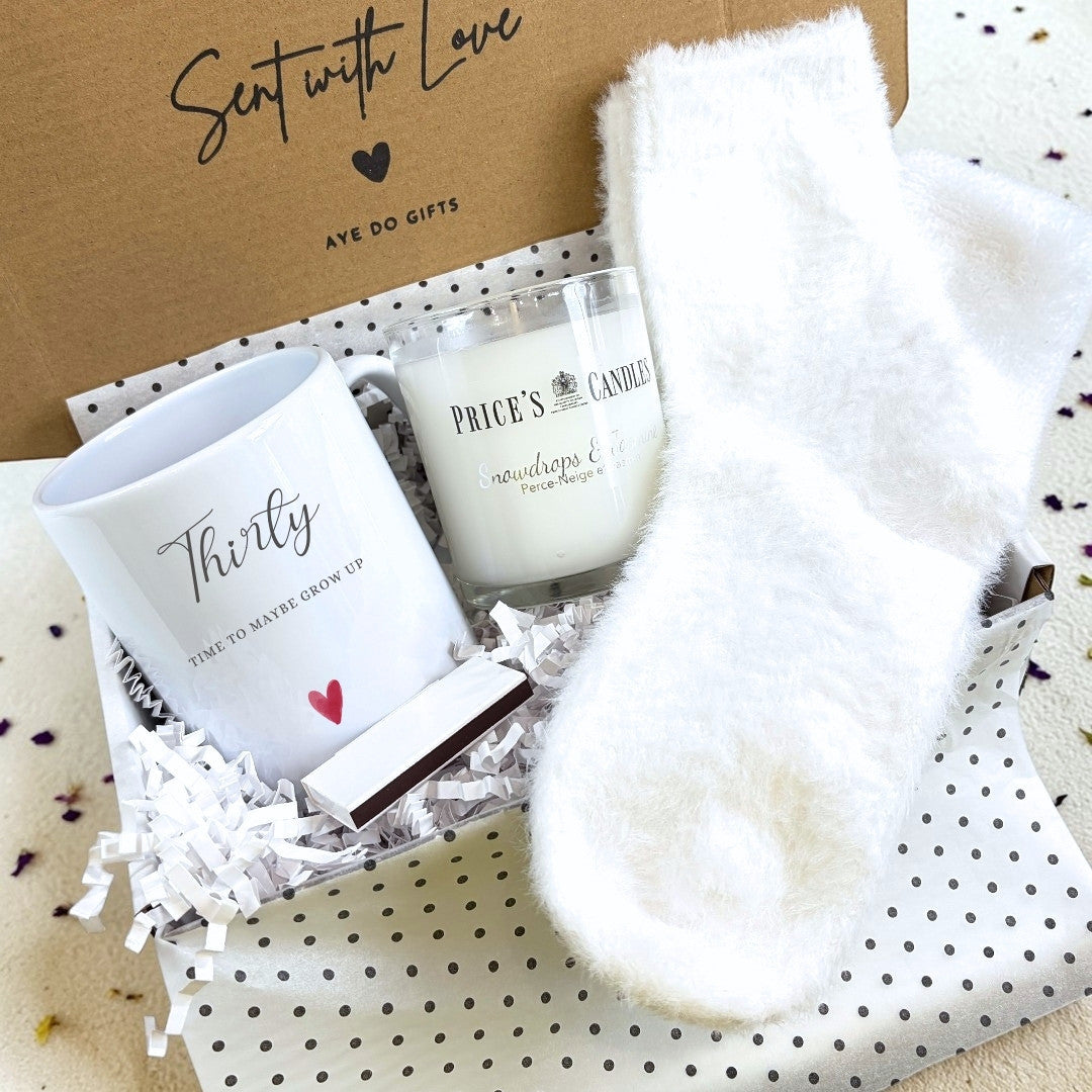 Personalised Thirty Birthday Mug, Candle & Socks Gift Hamper | 30th