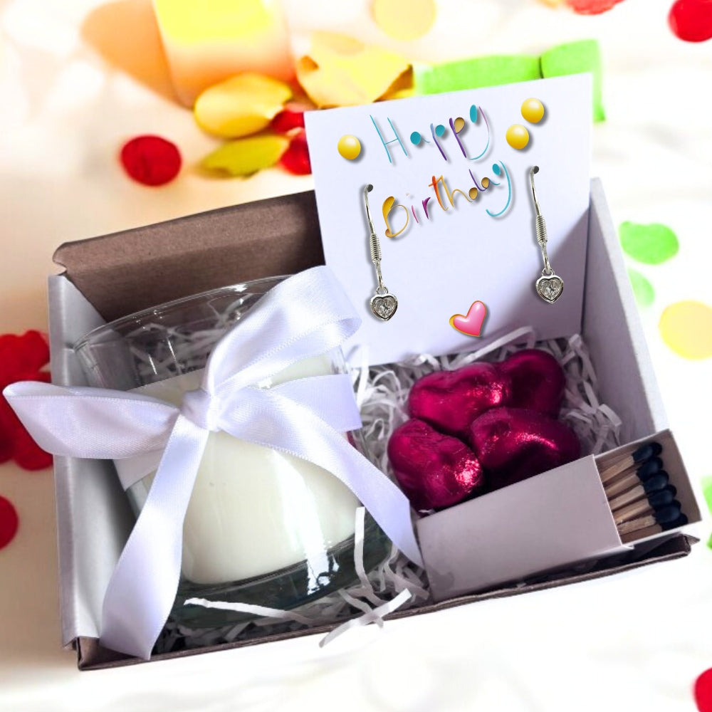 Small Happy Birthday Gift Hamper | Earrings, Chocolates & Candle