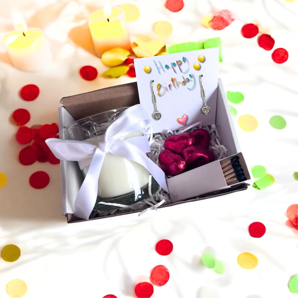 Small Happy Birthday Gift Hamper | Earrings, Chocolates & Candle