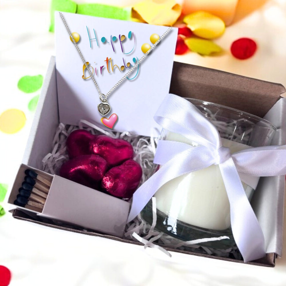Small Birthday Hamper Cubic Zirconia Heart Necklace, Chocs & Candle